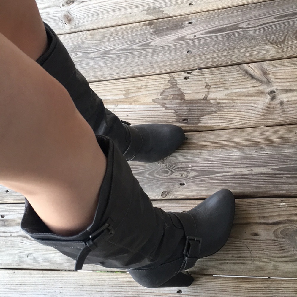 Gray high heel boots with buckle